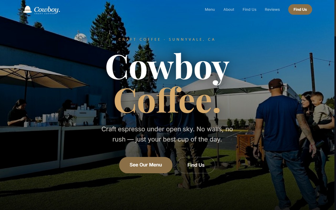Cowboy Coffee (Coffee Pop-Up · Sunnyvale, CA) homepage after Spiderwebbed's redesign — mobile-first layout with clear pricing and calls to action