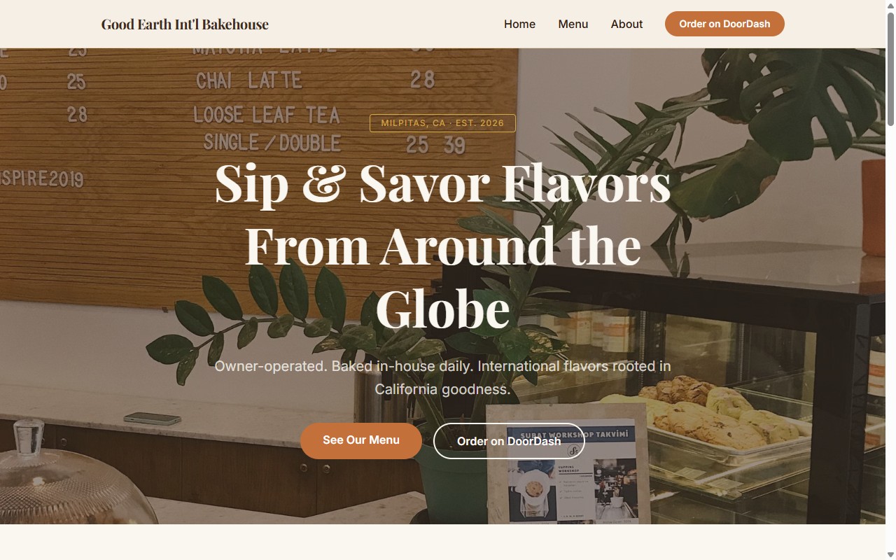 Good Earth Int'l Bakehouse (Bakery · Milpitas, CA) homepage after Spiderwebbed's redesign — mobile-first layout with clear pricing and calls to action