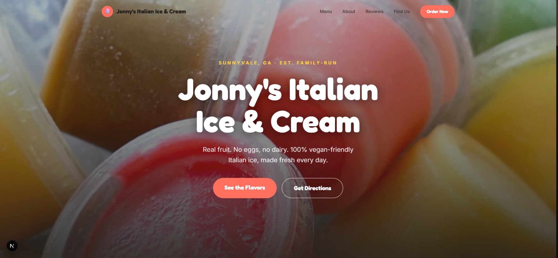 Jonny's Italian Ice & Cream (Vegan Italian Ice · Sunnyvale, CA) homepage after Spiderwebbed's redesign — mobile-first layout with clear pricing and calls to action