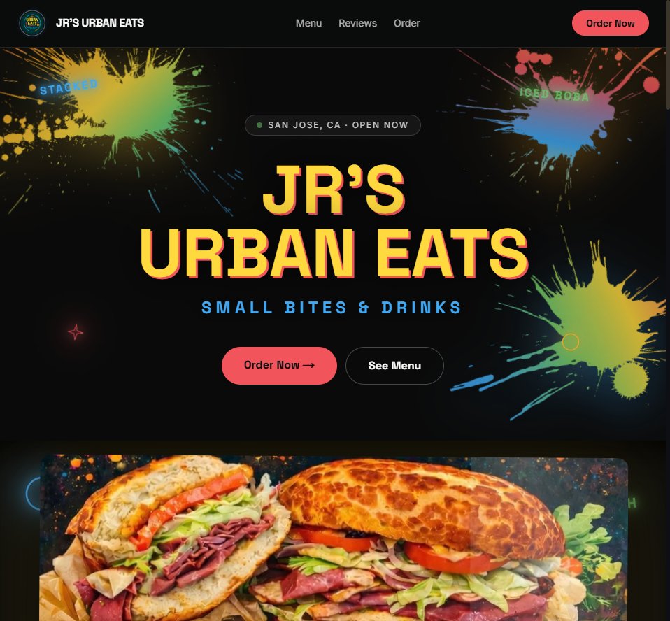 Jr's Urban Eats (Sandwich & Boba Shop · San Jose, CA) homepage after Spiderwebbed's redesign — mobile-first layout with clear pricing and calls to action