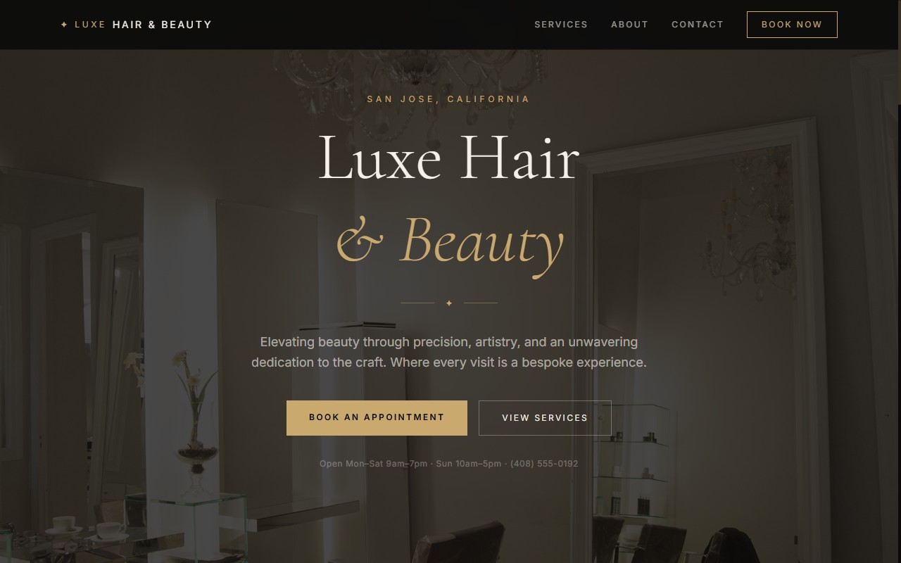Luxe Hair & Beauty Studio (Hair Salon · San Jose, CA) homepage after Spiderwebbed's redesign — mobile-first layout with clear pricing and calls to action
