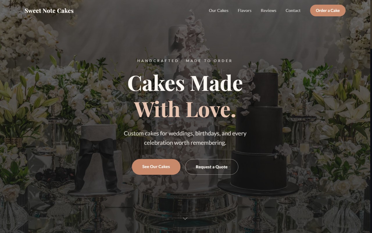 Sweet Note Cakes (Custom Bakery · San Jose, CA) homepage after Spiderwebbed's redesign — mobile-first layout with clear pricing and calls to action